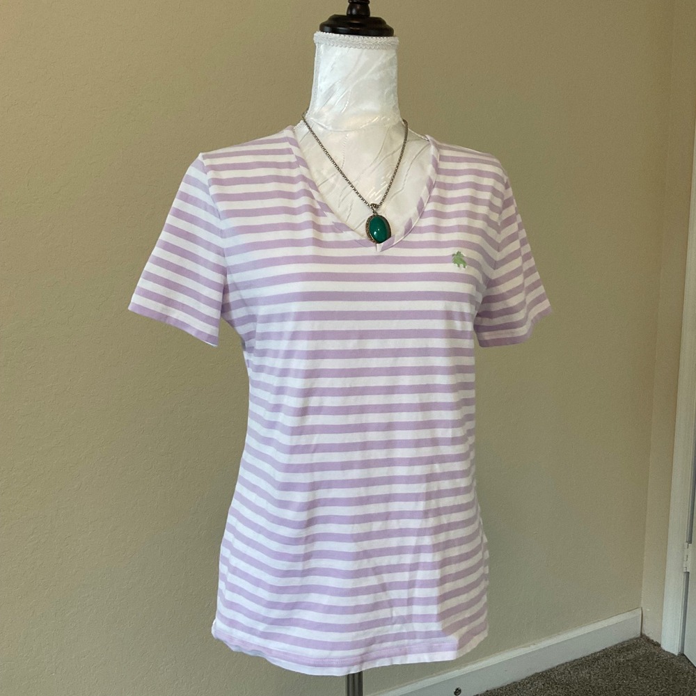 Brooks Brothers Womens V Neck T Shirt White Purple Striped Medium Cotton Tee - Picture 2 of 6